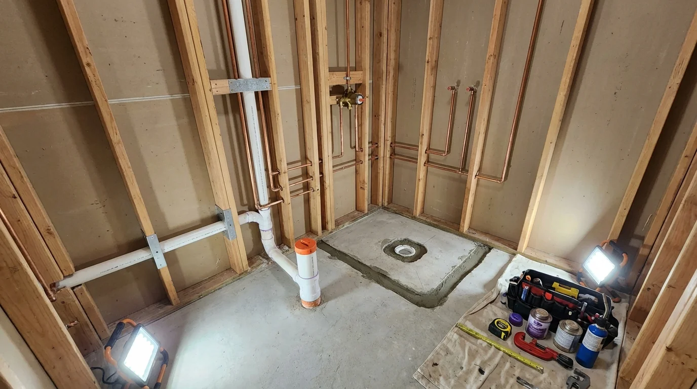 Bathroom rough-in plumbing during remodel by Johns Plumbing LLC in Catawba