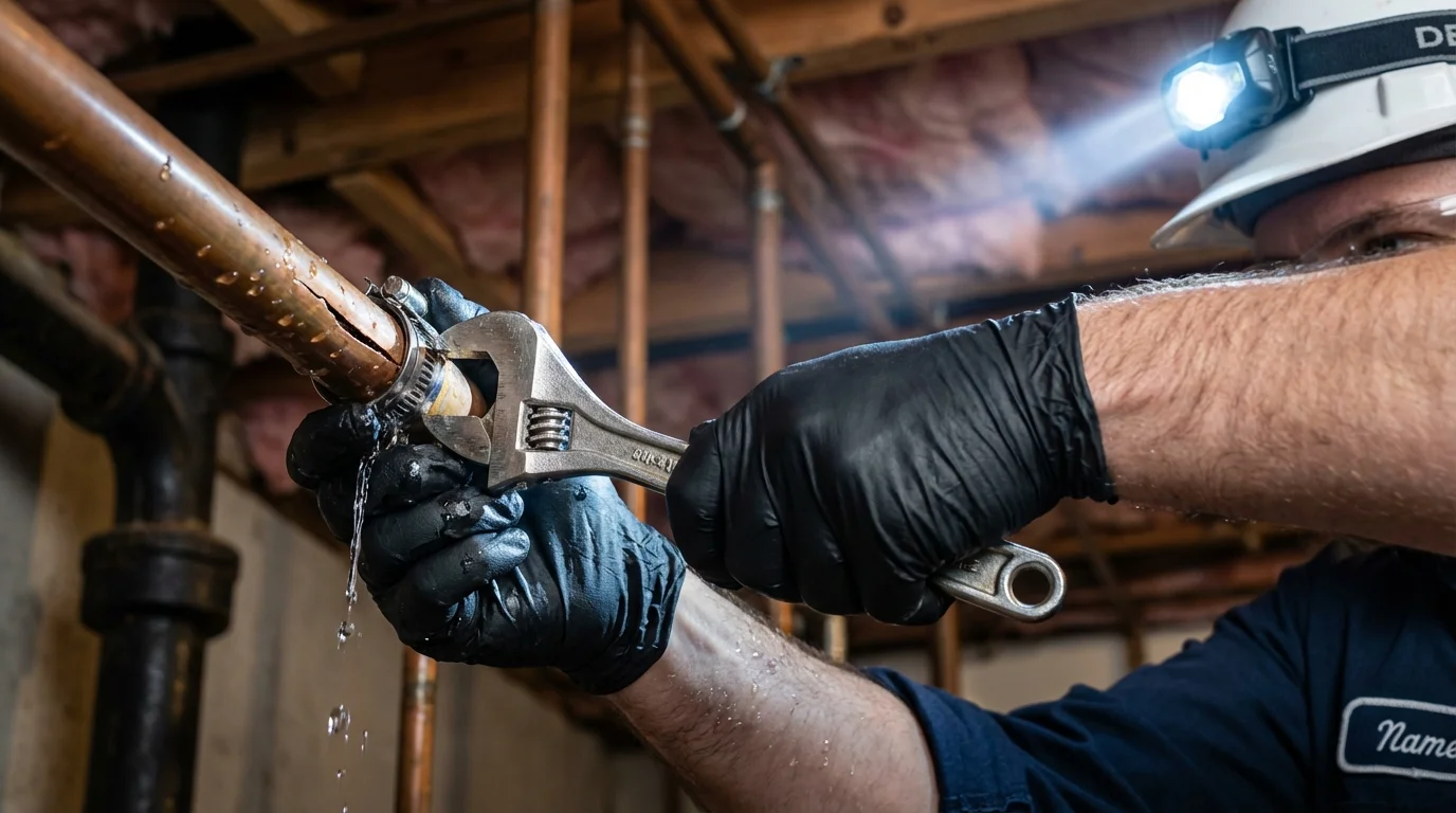 Emergency pipe clamp repair being performed by a Johns Plumbing LLC plumber in Catawba