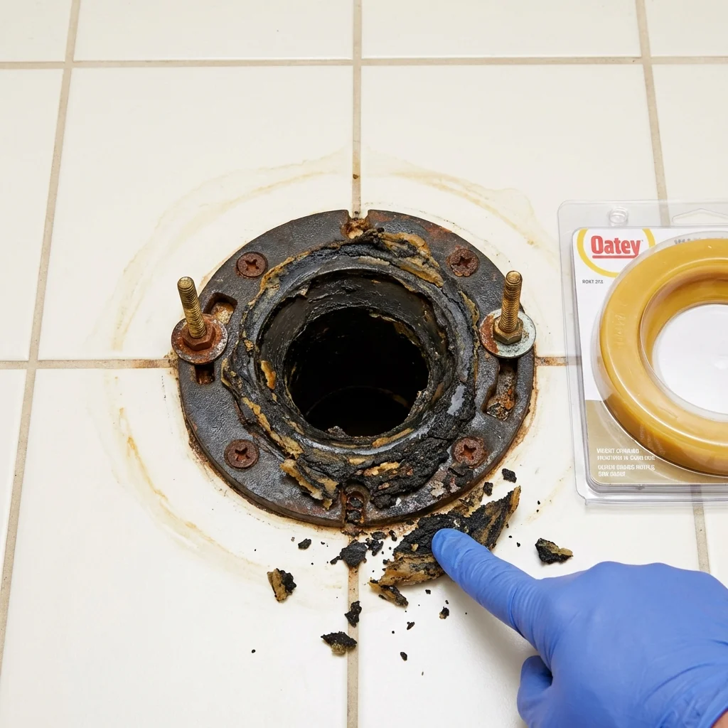 Failed wax ring showing water seepage at the base of a toilet in a Catawba, SC home